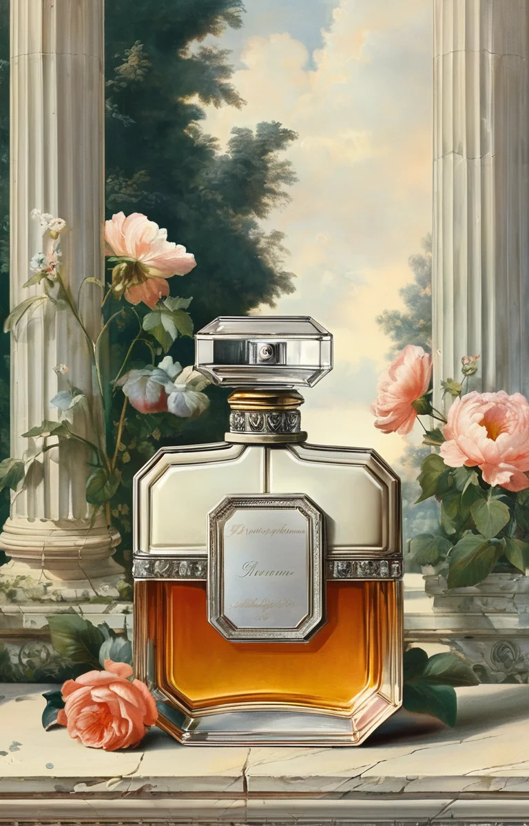 masterpiece,best quality,<lora:tbh355-sdxl:0.6>,illustration,patten of Neoclassicism, A bottle of perfume in garden