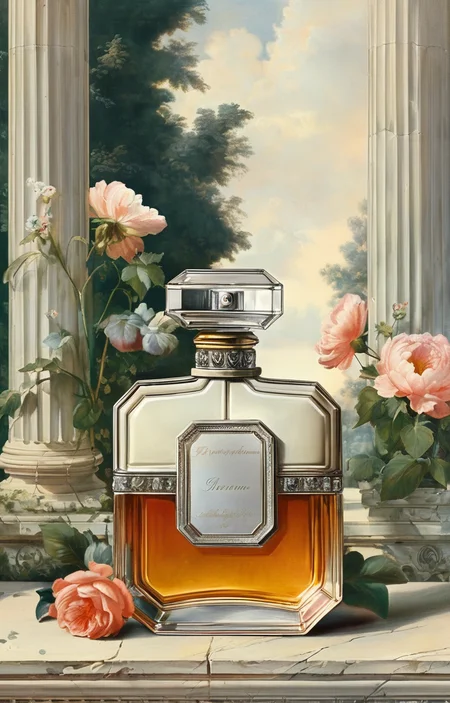 masterpiece,best quality,<lora:tbh355-sdxl:0.6>,illustration,patten of Neoclassicism, A bottle of perfume in garden