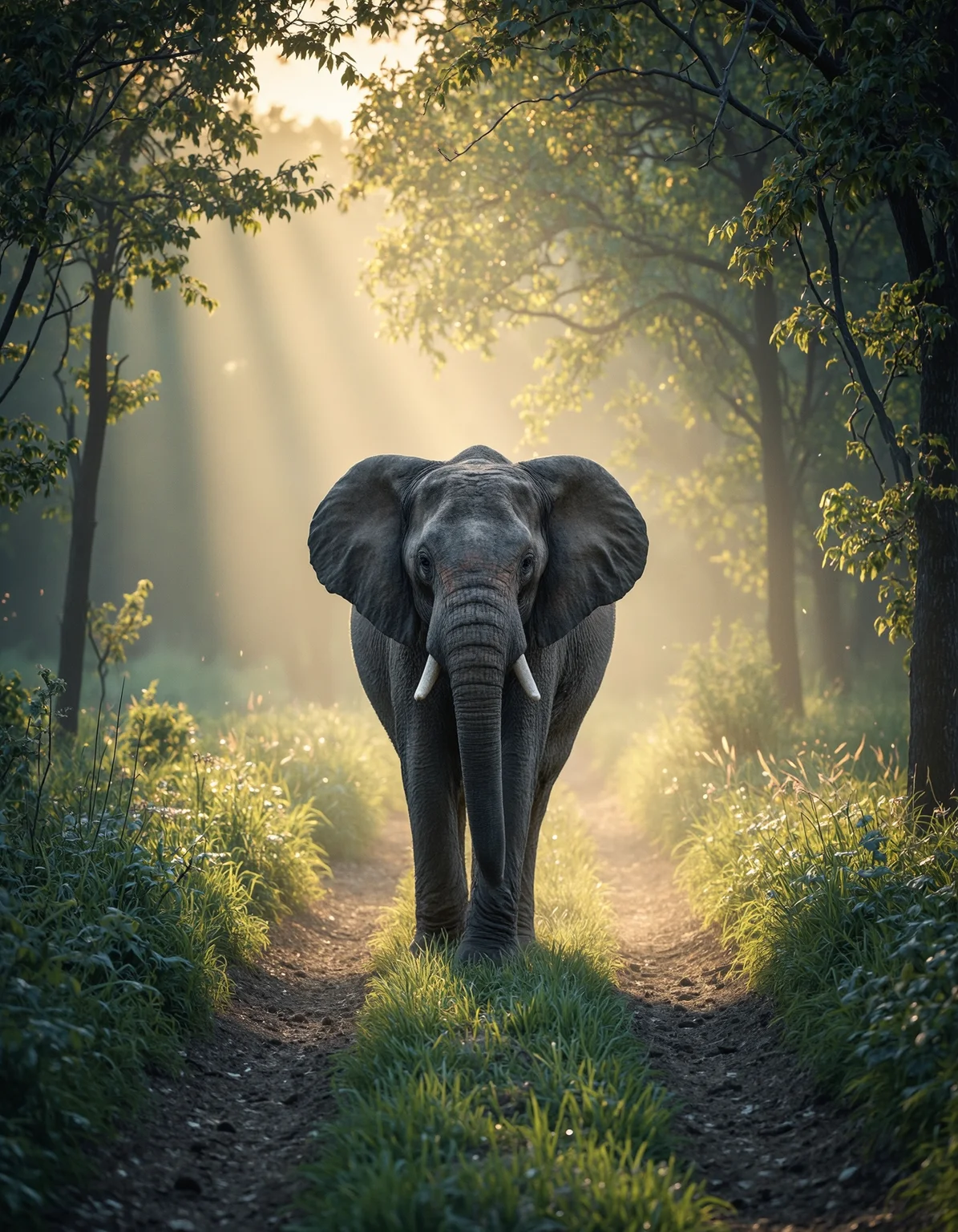 Elephant walking through a sunlit forest path, color digital photograph, elephant, forest, sun rays, trees, light beams, dust particles, walking, peaceful, nature, wildlife, tranquil scene, path, foliage, morning light, large animal, tusks, light and shadow, serene, majestic.,