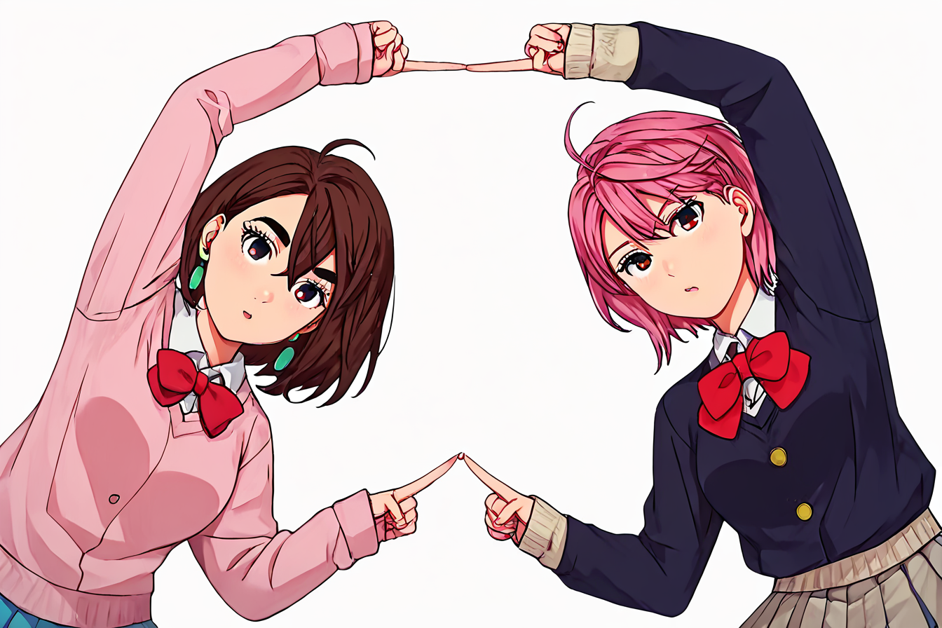 score_9, score_8_up, score_7_up, score_6_up, score_5_up, score_4_up, 2girls, highres, masterpiece, highly detailed face, highly detailed shining eyes, symmetrical highly detailed eyes,  <lora:Fusion_Dance_DBZ-000019:0.4>, fusion dance, fingers together, index finger raised, index finger together, simple background, white background
BREAK <lora:Momo_Ayase_Dandadan_V1:0.8> KJOmomo, brown hair, dark eyes, medium hair, hair between eyes, thick eyebrows, earrings, white collared shirt, oversized pink pullover, long sleeves, red bow, blue short skirt, untucked shirt,
BREAK <lora:shiratori_aira_pony:0.8> , shiratori aira dandadan, short hair, pink hair, brown eyes,  school uniform, red bow, skirt, sleeves past wrists