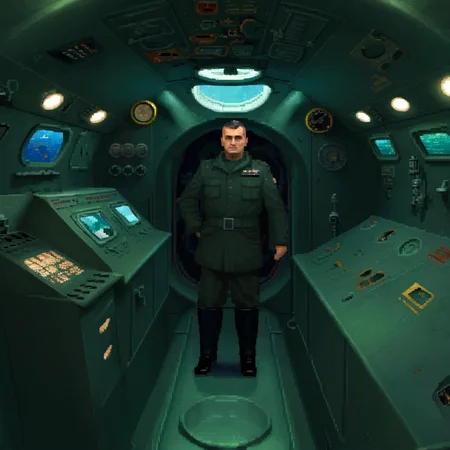 dosvga style, commander inside a submarine <lora:dosvgaSDXLv4.1-000015:1>