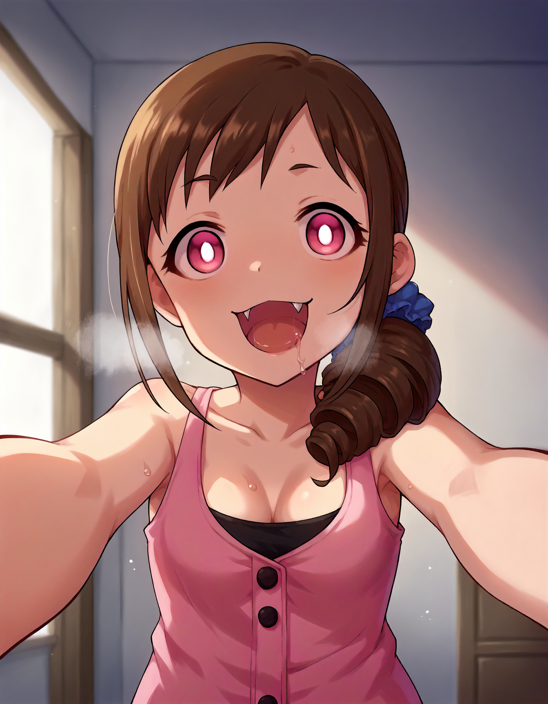 score_9,score_8_up,score_7_up,1girl,solo,upper body,pov,girl on top,from below,looking at viewer,indoors,shaded face,pov cheek warming,outstretched arms,cleavage,small breasts,
<lora:ooharamichiru_ponyXLV6:0.8>,cgom,brown hair,drill hair,hair scrunchie,pink eyes,glowing eyes,open mouth,fang,saliva,heavy breathing,horror