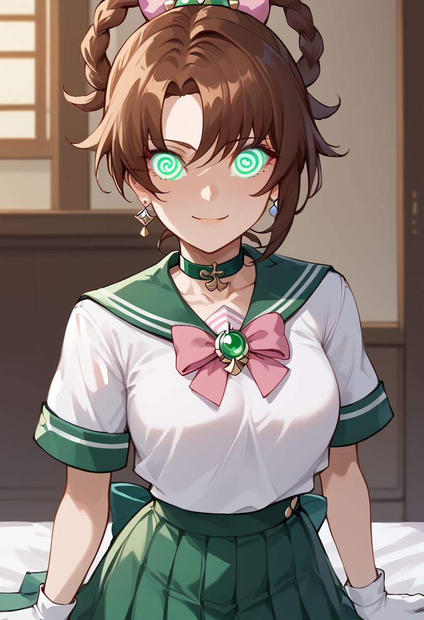 Makoto hypnotized,
score_9, source anime, lewd, 1girl,
mind control, hypnotized, dopey smile, arms behind back, arched back, (spiral eyes), spiralwash_eyes,
ncp, nipples, long chains, nipple chains, (boob window, exposed breasts), nipple piercing, necklace, collar, kneeling,
sailor jupiter, brown hair, circlet, green eyes, hair bobbles, hair ornament, medium hair, ponytail, sidelocks, parted bangs, back bow, bowtie, brooch, choker, earrings, elbow gloves, flower earrings, gem, green choker, green gemstone, green sailor collar, green skirt, jewelry, miniskirt, pink bow, pink bowtie, pleated skirt, sailor collar, short sleeves, white gloves,