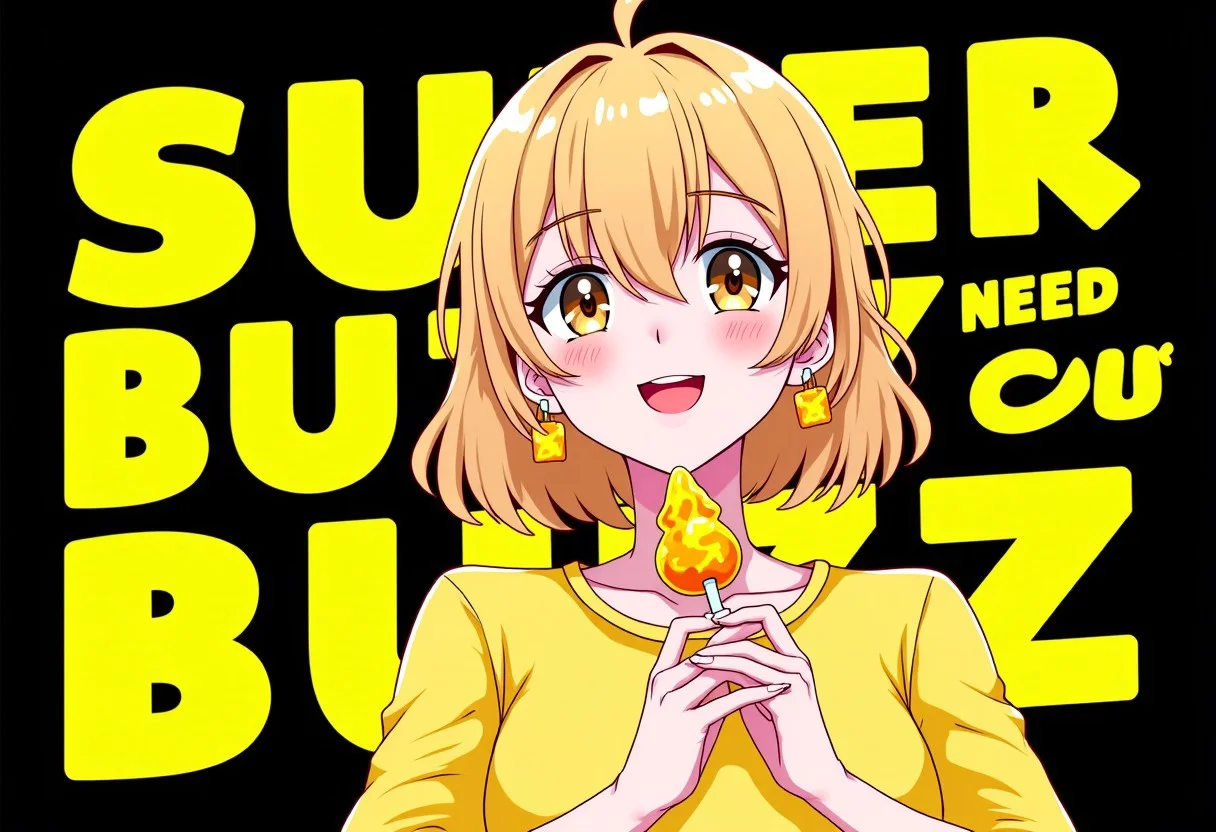 aidmatextimprover, 1girl, 18 years old, beautiful girl, light brown eyes, yellow lightning earrings, golden hair, yellow lightning label on all clothes, yellow lightning lollipop
girl smiling, dark background, yellow lightning label on background,
 text: "SUPER BUZZ GIRL NEED YOU BUZZ!", large letters, black outline
