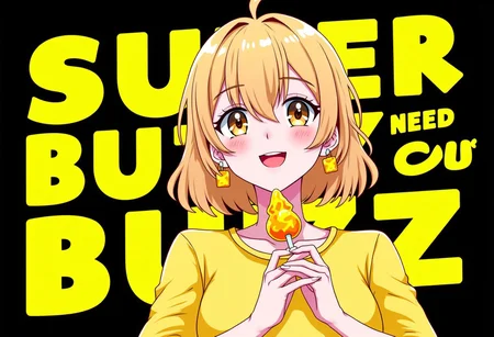 aidmatextimprover, 1girl, 18 years old, beautiful girl, light brown eyes, yellow lightning earrings, golden hair, yellow lightning label on all clothes, yellow lightning lollipop
girl smiling, dark background, yellow lightning label on background,
text: "SUPER BUZZ GIRL NEED YOU BUZZ!", large letters, black outline