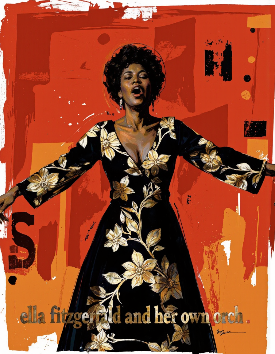 By Martin French. A digital illustration of a black woman with an afro, wearing a black dress with gold floral patterns, standing in the middle of the image with her arms outstretched, looking up with a joyful expression. the background is a vibrant red with abstract brush strokes and splashes of orange, creating a bold and dynamic composition. the woman, who appears to be in her late 60s or early 70s, has a confident and joyful expression, with her mouth open and eyes closed, as if she is singing or dancing. her hair is styled in a bun, and she is wearing earrings. the image also features the text "ella fitzgerald and her own orch" at the bottom, along with the artist's signature. <lora:Martin_French:1>