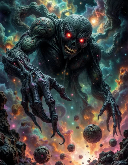 Eldritch Titan in the Void A colossal eldritch entity looms in the cosmic abyss, its body woven from swirling galaxies and blackened void energy. Its glowing crimson eyes radiate malice as countless shadowed tendrils extend into the endless expanse. Its skull-like face, stretched and cracked, bears an eternal, twisted grin as it reaches toward shattered celestial bodies drifting in the darkness. The surrounding space is turbulent, filled with burning nebulae, collapsing stars, and vortexes of light, all bending under the creatureâs presence. Ancient runes glow faintly across its form, hinting at a power older than time. The scene is one of cosmic horror, destruction, and infinite madness, as if the fabric of reality itself is unraveling.
<lora:dark-fantasy-flux:1>