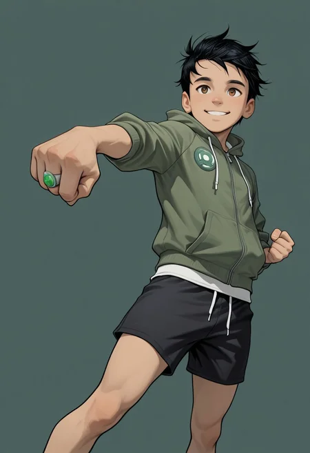 masterpiece, absurdres, high quality, perfect anatomy, 1boy, solo, cute boy, male focus, TaiPham, Black Hair, Green Lantern Ring, brown eyes, green jacket, hood, black shorts, big smile, cinematic, intricately detailed illustration, depth of field, masterpiece, best quality, amazing quality, very aesthetic, absurdres, newest, very awa,  shadow, dynamic angle, casual cosplay, dynamic pose, simple background, green theme, beitemian style