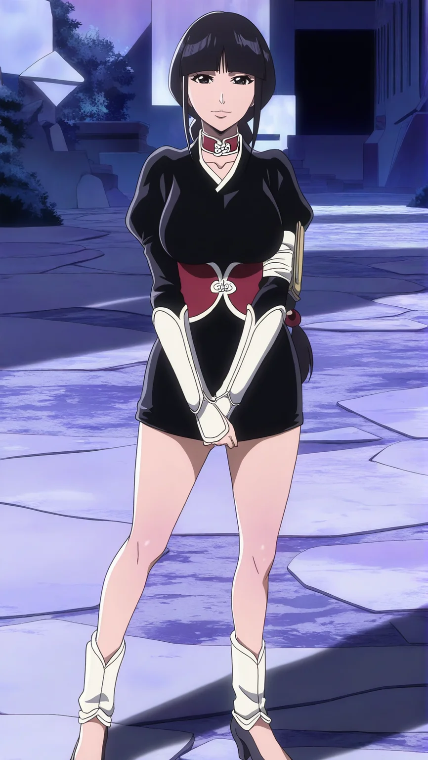 source_anime, masterpiece, best quality, amazing quality, anime screencap, high quality, 8k, absurdres, official style, 1girl, looking at viewer, smile, standing, v arms,<lora:Nemu_Kurotsuchi_iL:1>, n3mu kur0t5uch1, black eyes, black hair, long hair, single braid, bangs, blunt bangs, soul reaper outfit, breasts, large breasts, japanese clothes, long sleeves, puffy sleeves, dress, bare legs, choker, corset, red corset, black footwear, high heels,