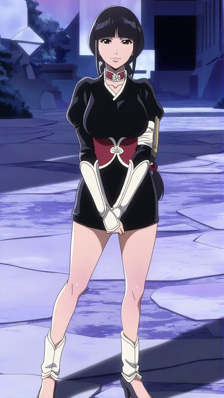 source_anime, masterpiece, best quality, amazing quality, anime screencap, high quality, 8k, absurdres, official style, 1girl, looking at viewer, smile, standing, v arms,<lora:Nemu_Kurotsuchi_iL:1>, n3mu kur0t5uch1, black eyes, black hair, long hair, single braid, bangs, blunt bangs, soul reaper outfit, breasts, large breasts, japanese clothes, long sleeves, puffy sleeves, dress, bare legs, choker, corset, red corset, black footwear, high heels,