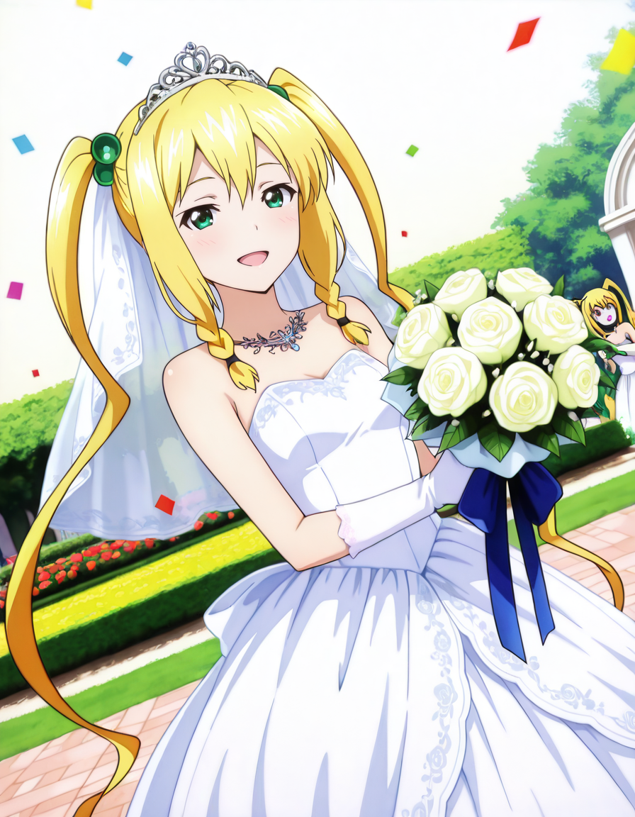 tiara, veil, wedding dress, white gloves, white dress, garden, standing, cowboy shot, holding bouquet, smile, open mouth, confetti, <lora:Kodama_Himegami_LCD_v01:1> kodamahimegamilcd, braid, twintails, hair bobbles, blonde hair, green eyes, long hair, 
dutch angle, depth of field, HDR, 8K, masterpiece,best quality,amazing quality, highest score,