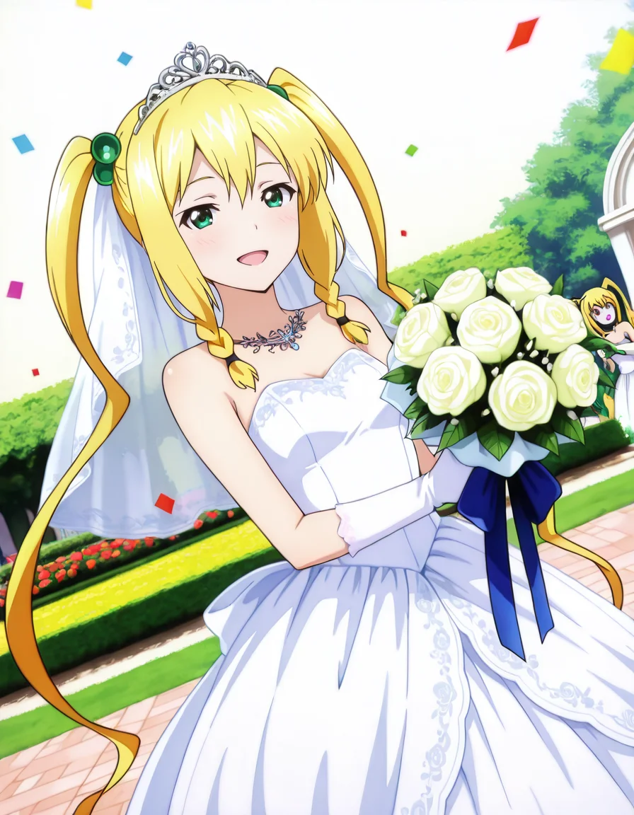tiara, veil, wedding dress, white gloves, white dress, garden, standing, cowboy shot, holding bouquet, smile, open mouth, confetti, <lora:Kodama_Himegami_LCD_v01:1> kodamahimegamilcd, braid, twintails, hair bobbles, blonde hair, green eyes, long hair,
dutch angle, depth of field, HDR, 8K, masterpiece,best quality,amazing quality, highest score,