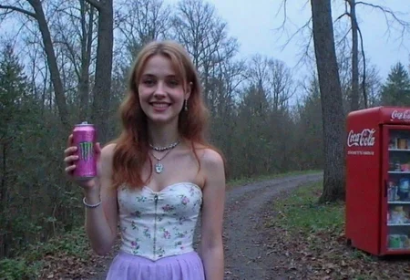 v8s, Young woman smiling, early 20s, fair-skinned, freckles, long wavy reddish-brown hair, white floral corset top, light purple skirt, holding pink Monster energy drink can, layered necklaces, Coca-Cola fridge in background, assorted snacks on shelves, forest setting with tall leafless trees, overcast sky with clouds, muted green and brown foliage, ground covered with leaves and twigs, path leading through forest, nighttime setting, ethereal atmosphere, soft light filtering through trees, overexposed highlights, noticeable noise in darker areas, horizontal scan lines,  slight chromatic aberration, low resolution, lens flare effect, muted desaturated colors, calm and serene mood, VHS camcorder aesthetic, angled view from ground level.