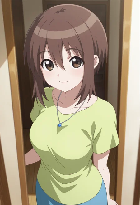 masterpiece, best quality, amazing quality, 1girl, solo, cowboy shot, n-motherww, brown eyes, brown hair, short hair, bangs, hair between eyes, sidelocks, medium breasts, green shirt, untucked shirt, short sleeves, blue skirt, long skirt, necklace, looking at viewer, smile, indoors, day, skindentation, detailed clothing folds, depth of field, sharp, high contrast, dynamic light <lora:Nagasumi_Mother_Seto_no_Hanayome_ill_v11:0.9>