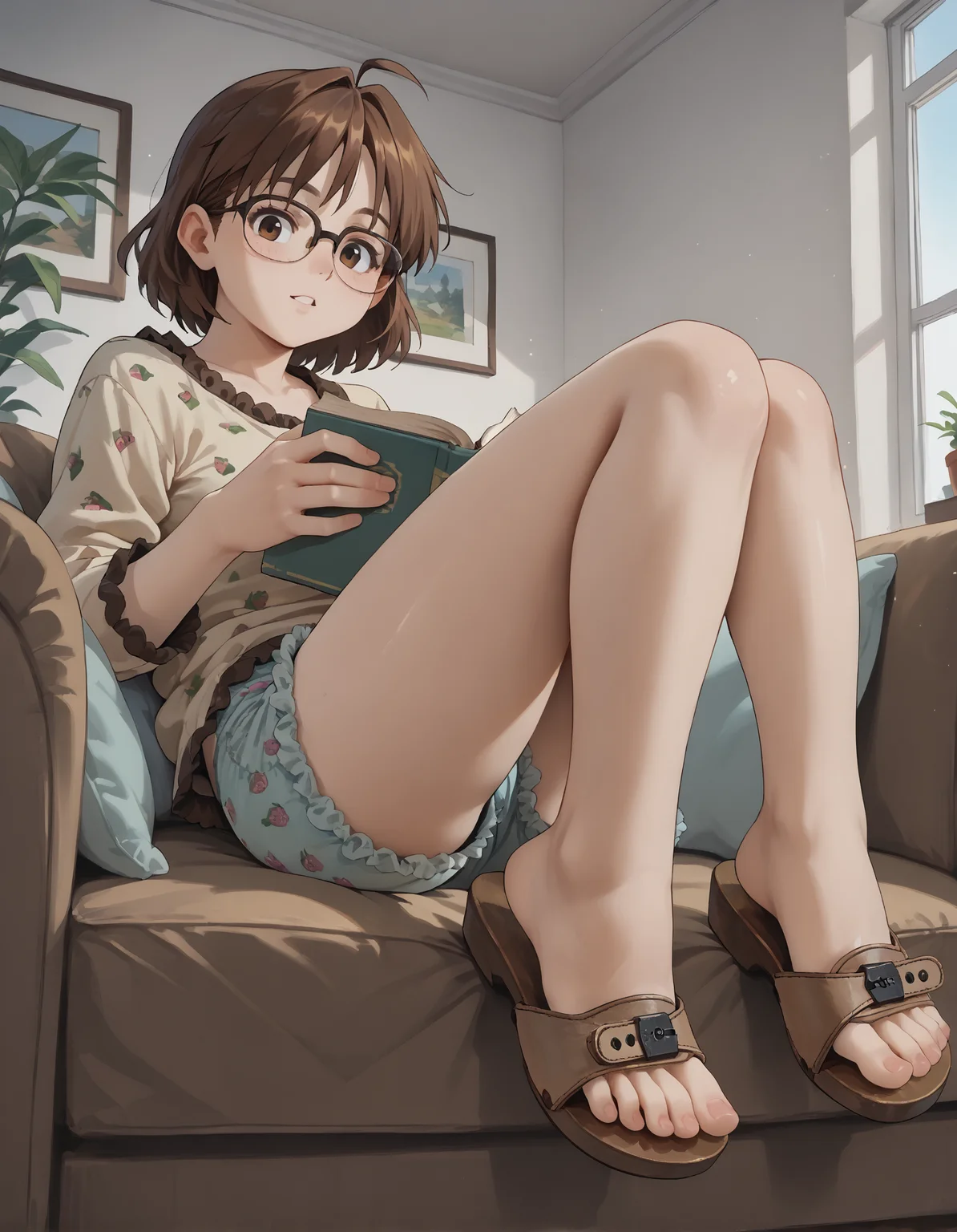 score_9, score_8_up, score_7_up, score_6_up, source_anime,
1girl,
Sheshka, glasses, brown hair,
reading a book,
looking at viewer,
lying on couch,
bloomers, frilly pajama top,
low angle, from side,
(scholls_l3ather),
embedding:zPDXLrl ,
embedding:zPDXL2 ,