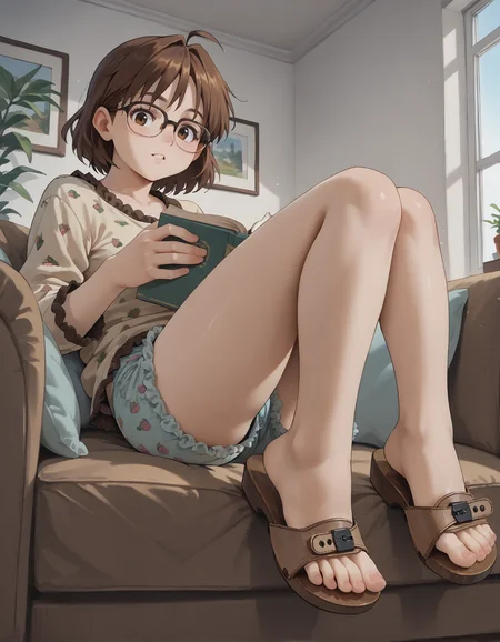 score_9, score_8_up, score_7_up, score_6_up, source_anime,
1girl,
Sheshka, glasses, brown hair,
reading a book,
looking at viewer,
lying on couch,
bloomers, frilly pajama top,
low angle, from side,
(scholls_l3ather),
embedding:zPDXLrl ,
embedding:zPDXL2 ,