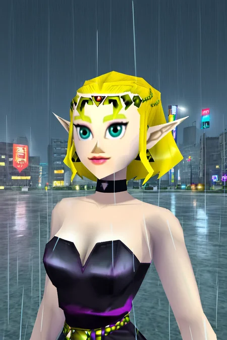 low poly, an animated character, 1girl, princess zelda \(the legend of zelda: tears of the kingdom\) medium hair, lips, dominatrix, strapless black leotard, choker, cleavage, smile, medium breasts, upper body, looking at viewer,
standing in a city in the rain
<lora:Ocarina64-low_poly:1>