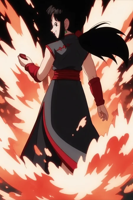 source_anime, score_9, score_8_up, score_7_up, anime screencap, absurdres, official style,
chi-chi black, looking back, 1girl, solo, long hair, black hair, sidelocks, ponytail, black eyes, sleeveless dress, black dress, red trim, chinese clothes, china dress, red wristband, red sash, evil smile, v-shaped eyebrows, from behind, standing, flame, arms by side, black background, fire
<lora:chichiDBS_pony_v1:0.8>