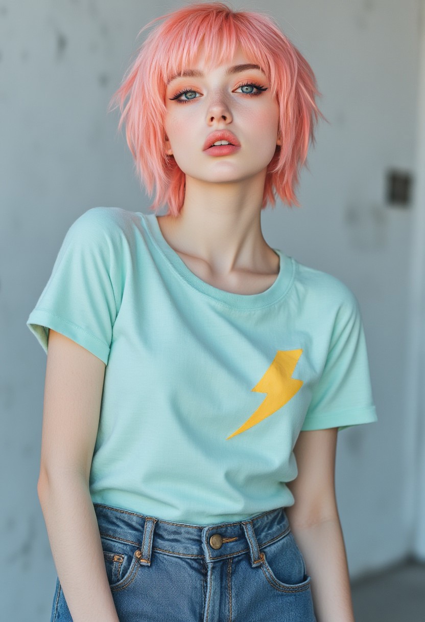 FictionalPeach, punk girl with short pink hair. Making a cute pouting face. Wearing a pastel blue tshirt with a yellow lightningbolt symbol and denim shorts