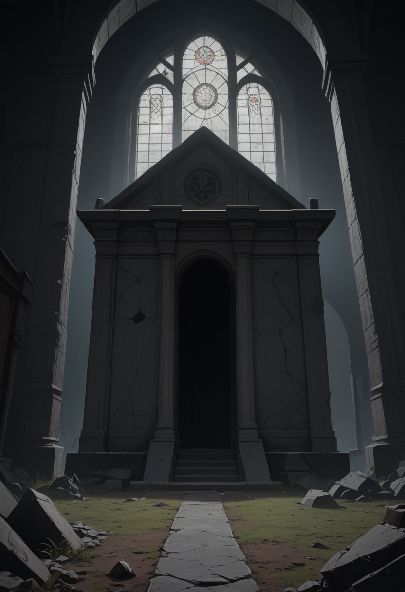 (((8k resolution))), (((absolute masterpiece))), (((best quality))), ultra detailed, score_9, score_8_up, score_7_up, eerie and haunting atmosphere, an old ruined church standing on a lonely hill, its darkened stone walls crumbling and overgrown with ivy, shattered stained-glass windows letting in faint ghostly light, partially collapsed roof with exposed wooden beams, surrounded by a foggy cemetery, ancient tombstones half-sunken into the moss, thick mist swirling around the graves, twisted crosses casting long shadows, indistinct ghostly shapes moving between the gravestones, ominous and silent mood, subtle details, soft shading, unsettling yet captivating scene.