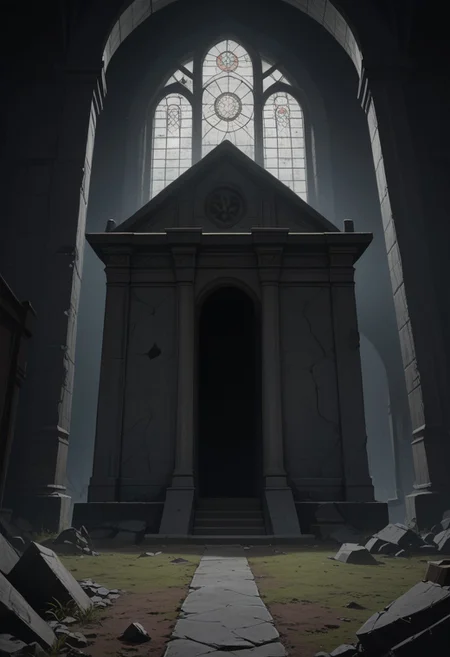 (((8k resolution))), (((absolute masterpiece))), (((best quality))), ultra detailed, score_9, score_8_up, score_7_up, eerie and haunting atmosphere, an old ruined church standing on a lonely hill, its darkened stone walls crumbling and overgrown with ivy, shattered stained-glass windows letting in faint ghostly light, partially collapsed roof with exposed wooden beams, surrounded by a foggy cemetery, ancient tombstones half-sunken into the moss, thick mist swirling around the graves, twisted crosses casting long shadows, indistinct ghostly shapes moving between the gravestones, ominous and silent mood, subtle details, soft shading, unsettling yet captivating scene.