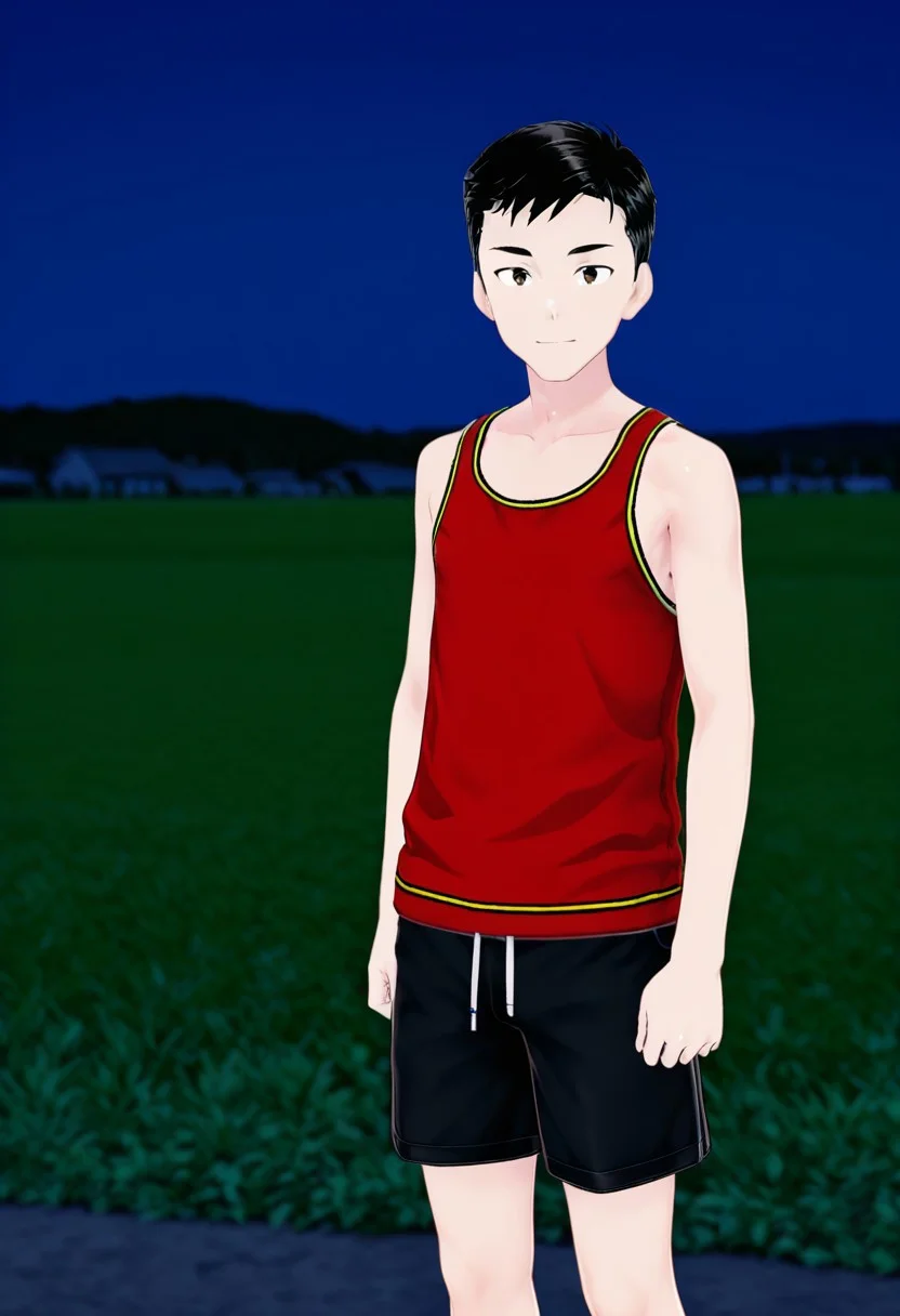 harmard, black hair, short hair, brown eyes, 1boy, solo, solo focus, red tank top, black shorts, young man, youthful, outdoor, at night day, small body