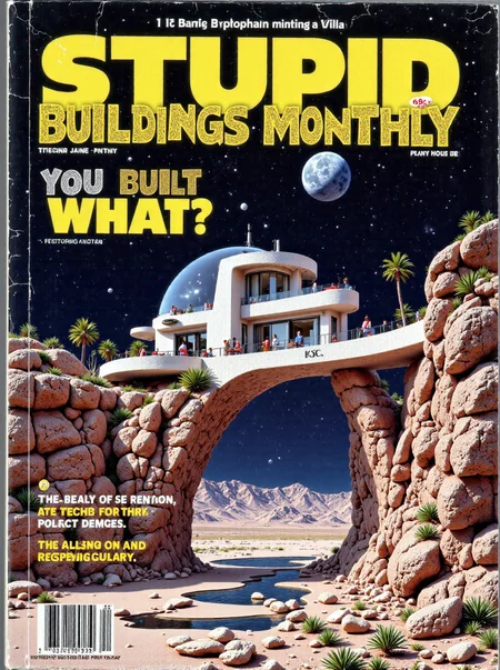 A photo of a retro, 1980s-style manual featuring a cover photograph of a Villa on a bridge between two impossibly tall cliffs on the Moon: A striking villa built atop an elegant bridge between two impossibly tall cliffs above a completely barren, dry, Lunar landscape. The design features modern materials that complement the surroundings while remaining distinct, with large terraces overlooking the cliffs. The villaâs structure seems impossibly arranged, tumbling over itself. The whole villa is covered by a clear glass dome, keeping it airtight. The header in blocky yellow text "Stupid Buildings Monthly". Subtitle below the picture is the text "YOU BUILT WHAT?". Text "69c". V1llas1nNa1ure <lora:FLUX_V1llas1nNa1ure_LoRA:1> <lora:1980s_Technical_Manuals_Flux:1> <lora:TextimproverV0.4:0.85> aidmatextimprover,