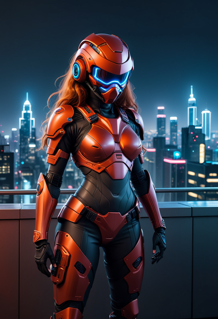 (medium full shot) of (agile futuristic soldier) young woman, normal build, extra long ginger hair, south african, dark skin, black eyes, wearing a stealth helmet with integrated mask, Plasma-infused red plated chest armor with energy core, exo-suit lower body armor, armored boots, pulse pistol, energy shield night vision goggles, set in  Skydeck Lounge, High-rise rooftop bar with panoramic views of the city skyline, sleek minimalist furniture, a glowing dance floor, holographic cocktail menus, a DJ spinning beats amidst a sea of neon lights , at night, woman smiling, detailed face, ,Masterpiece,best quality, photo, realistic, very aesthetic,