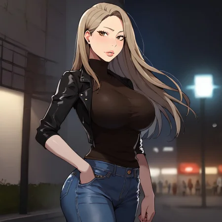 miachadef, blonde hair, brown eyes, long hair, ng_deepnegative_v1_75t, Expressiveh, pureerosface_v1, score_9,score_8_up,score_7_up, source_anime, [:(detailed face:1.2):0.2], shiny eyes, looking at viewer, seductive face, perfect body, light-skinned, athletic body, big breasts, rounded breasts, big ass.
wearing black second skin shirt, leather jacket, blue jacket, jeans, ripped jeans, tight jeans, city in the background, in the middle of the street, streetlights, at night