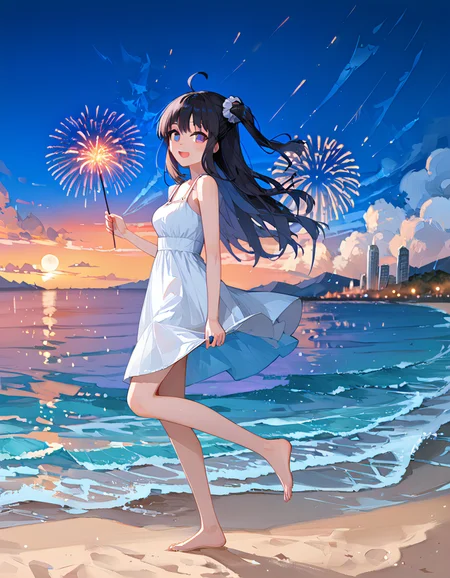 score_9_up, score_9, score_8_up, score_7_up, rating_explicit, perfect quality,high quality,masterpiece,best quality,amazing quality,very aesthetic,Cinematic Lighting,newest,Tactical use of shadow,
1girl,solo,long hair,black hair,hair between eyes,ahoge,purple eyes,AyanoKimishima Cyql,
sparkler, outdoors, fireworks, barefoot, dress, scenery, sky, smile, night, white dress, ocean, open mouth, standing, beach, cloud, holding fireworks, looking at viewer, water, standing on one leg, horizon, one side up, from side, :d, blush, night sky, sleeveless dress, city lights, multicololens flare, sleeveless, blurry, bokeh, sundress, shore, holding, bare shoulders, full body, bare arms, depth of field, sunset, scrunchie, breasts, mountainous horizon, mountain, cloudy sky,  waves, blurry background,  star (sky), blue sky, sand,  leg up, sun, looking to the side, lights, reflection, walking, moon, bare legs, floating hair,
<lora:ponyv4_noob1_2_adamW-000017:0.7>,<lora:spo_sdxl_10ep_4k-data_lora_webui:0.6>,<lora:USNR STYLE_XL_lokr:0.45>,<lora:illustrious_all_rated_v1:0.7>,<lora:96YOTTEA-WAI:0.8>,<lora:Ayano Kimishima_Illustrious by Cyql:1>,