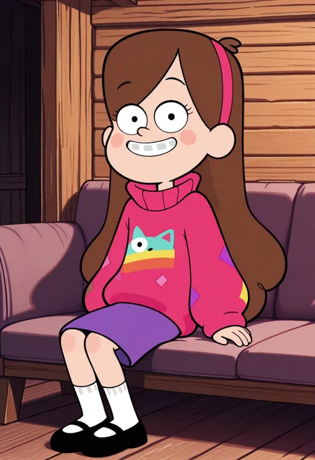 Mabel Pines, 1girl, brown hair, long hair, blush stickers, pink sweater, pink headband, purple skirt, white socks, black shoes, smiling, happy, sitting on couch, living room, log cabin, looking at viewer