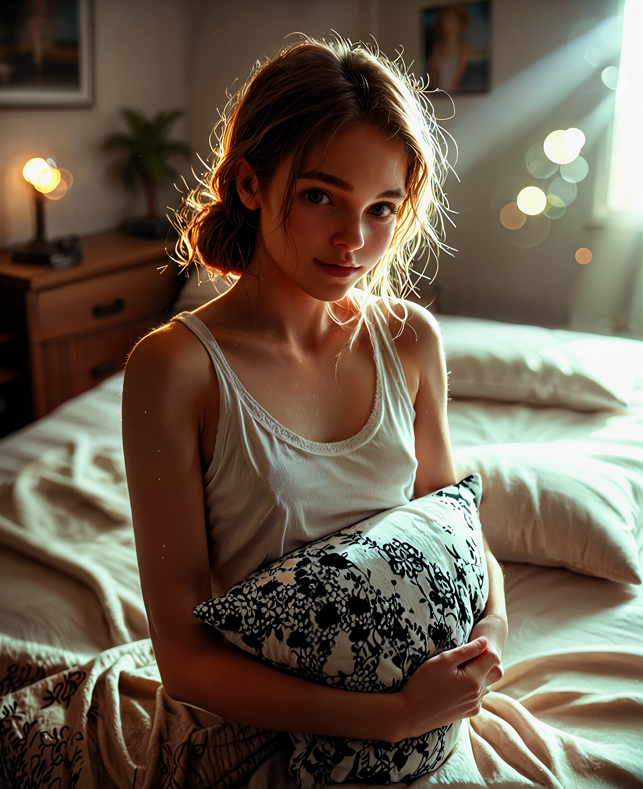 score_9, score_8_up, score_7_up, (embedding:zPDXLrl), goosebumpskin, NSTLG,photorealistic, spotlight, front lite, glow,  Vivid colors, Best Quality, absurdres, Highest Quality, Amazing details, 8K, Aesthetic,Perfect Lighting, black light, nikon z9, 50mm lens, raw ,intricately detailed, award winning photograph, high sharpness, bokeh, ultra-detailed, bright lighting  BREAK,   1girl, (18years old), beautiful, skinny, looking_at_viewer,  Break, bedroom, bed, pillows, detailed background, lighting background, front lite, sunlight,    <lora:Poses\matsubamuzushi_pony_V1.0.safetensors:0.8:0.8> <lora:Faces\EnvyPonyPrettyEyes01.safetensors:0.2:0.2> <lora:skin\Goosebump_Skin.safetensors:0.3:0.3> <lora:styles\NSTLG.safetensors:0.5:0.5>