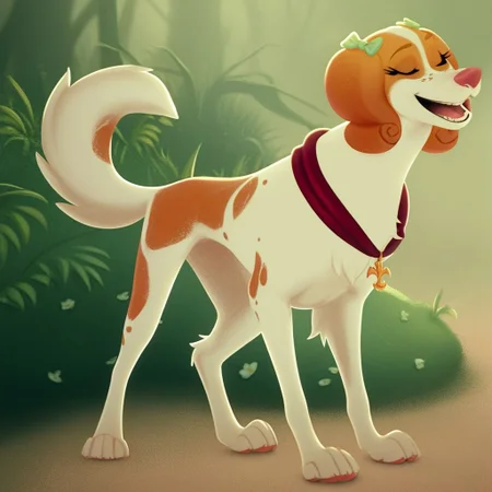 score_9, score_8_up, score_7_up, score_6_up, source_furry, source_cartoon, best quality, masterpiece, absurdres, 
1girl, solo, tanebl, spaniel, female, feral, dog, 
green bow, closed eyes, freckles, laughing, smile, 
standing, full body, red collar, pendant,
outside, forest