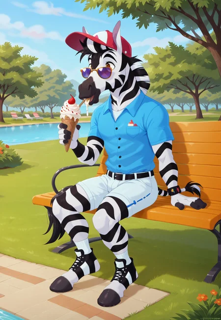 furry anthro zebra, bwu, ((Thurston)), (anthro zebra male), 1boy, solo, full body, outdoors, park, summer, smiling, eating ice cream, wearing summer outfit, sunglasses, baseball cap, looking to viewer, nice furry feet, horse like feet, toeless footwear