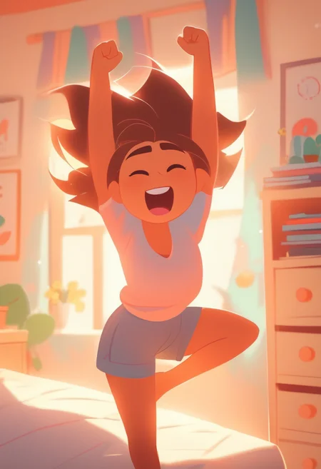 Girl strentching after waking up