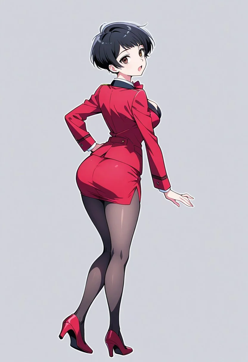 score_9, score_8, score_7, score_6, source_anime,high quality, highly detailed, flat illustration,
18 yo girl, wide hips, brown eyes, makeup, pixie hair cut,
wearing flight attendant outfit, red tailored uniform, white shirt with cleavage and bra, red pencil-skirt, pantyhose, red bowtie,
dark grey blank background,
rear view, ass, wide shot, open mouth, standing pose, hand on hip,
(c0l0urc0r3, cute, bright colours,:1.2)