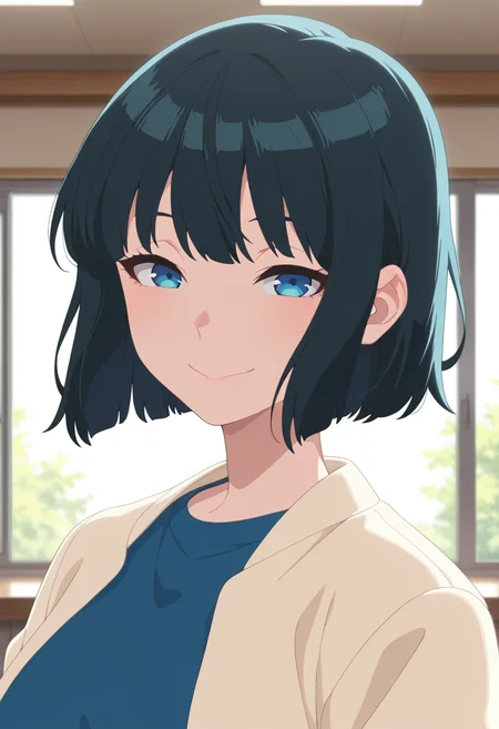 masterpiece, best quality, amazing quality, absurdres, 1girl, solo, (portrait:1.2), sonokoww, blue eyes, black hair, short hair, bob cut, cream jacket, casual jacket, blue shirt, looking at viewer, smile, indoors, day, skindentation, detailed clothing folds, depth of field, sharp, high contrast, dynamic light <lora:Kagetsu_Sonoko_Me_and_the_Alien_MuMu_ill:0.8>