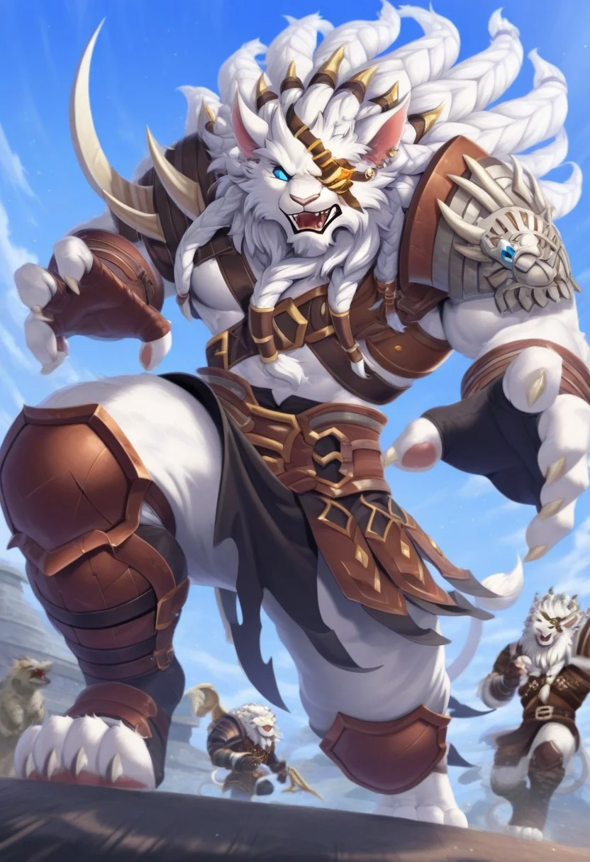 score_9, score_8_up, score_7_up, Anthro,lion,rengar,white fur,muscular male,blue eye,eyepatch,armor