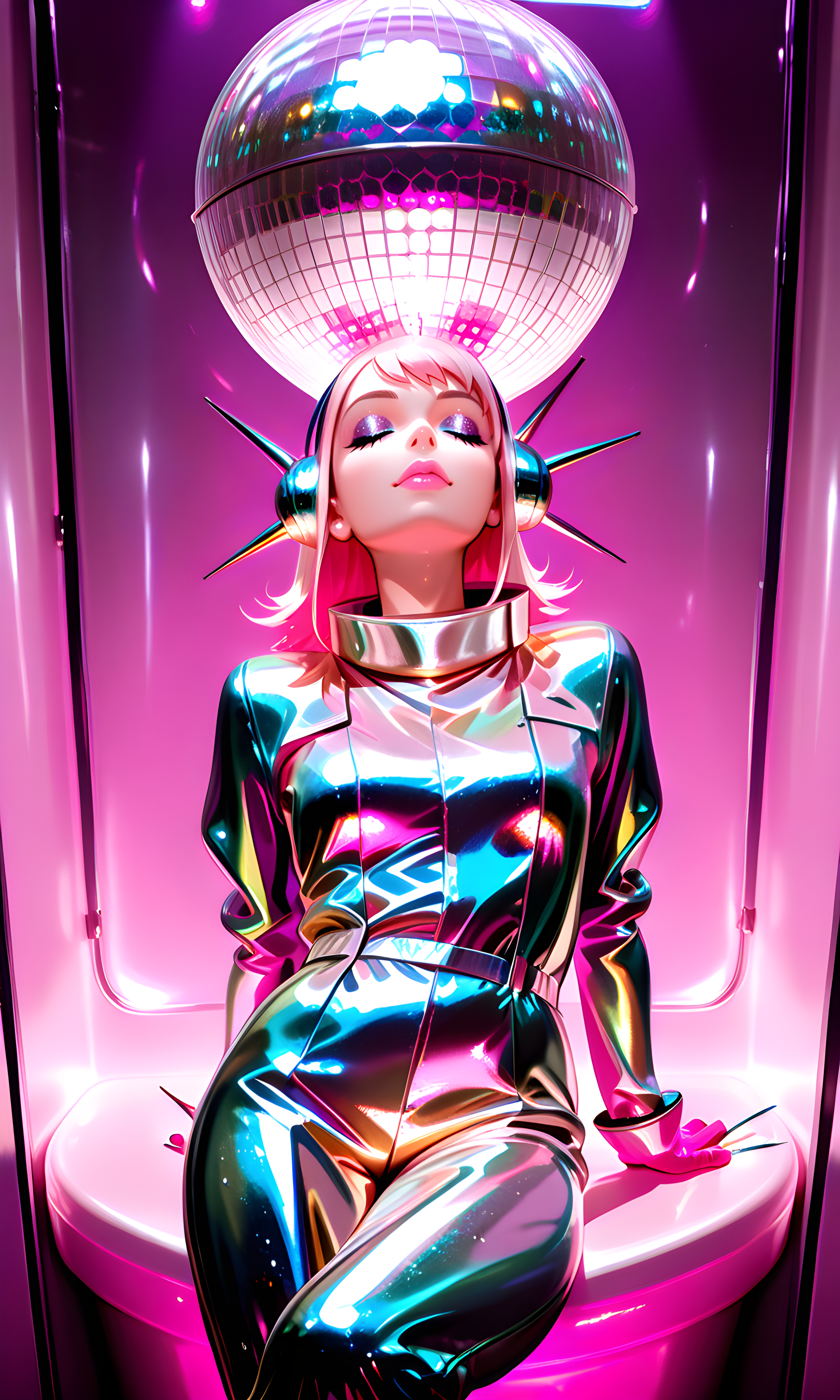 1girl, solo, metallic lamé jumpsuit with wide collar, blissed-out eyes closed mid-spin, disco ball purse and vinyl gloves, grungy nightclub bathroom with smeared mirrors, peeling nail polish and busted rings, glitter-slick lids and glossy pink lips with teased blowout, leaning back on one hand, leg crossed, relaxed stance, 8K, ultra-detailed, cinematic lighting, best, quality, masterpiece