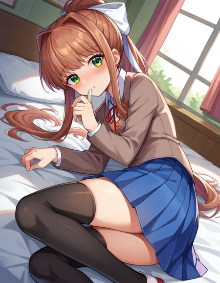 score_9, score_8_up, score_7_up, source_anime,
ddlcmonika, <lora:ddlc-monika-ponyxl-lora-nochekaiser:1>
ddlcmonika, blunt bangs, brown hair, green eyes, long hair, ponytail, ribbon, white ribbon, hair ribbon, sidelocks,
black thighhighs, blue skirt, brown jacket, jacket, long sleeves, mary janes, over-kneehighs, pleated skirt, school uniform, shoes, skirt, thighhighs, zettai ryouiki
indoors, bed, bed room, on side, blush, drunk,
looking at viewer, dutch angle, cowboy shot,