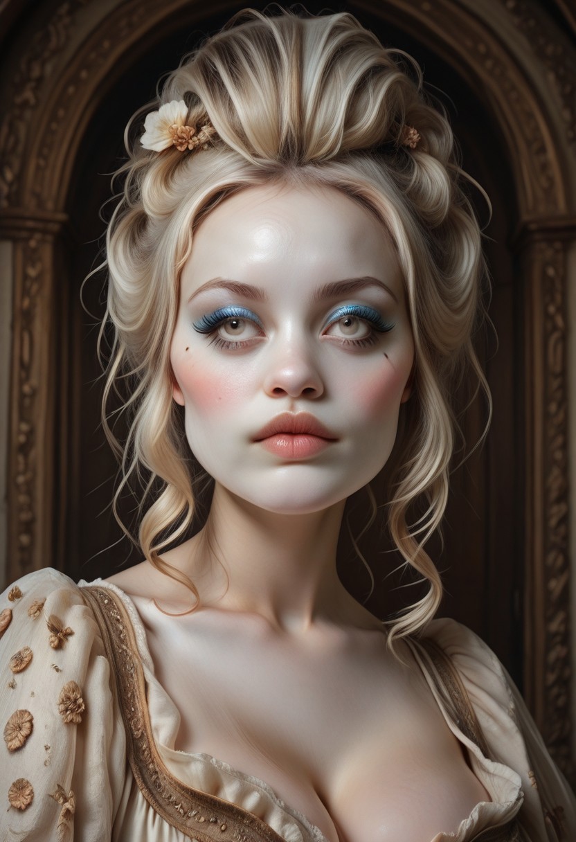 highly detailed, masterpiece,concept art, realistic, 
1girl, Guin, Rococo, Rococo hair, Rococo lips, light red lips,
light blue eyeshadow, mole, Blush, portrait, full cleavage,
(White face, white forehead, white skin), white make-up, long eyelashes
