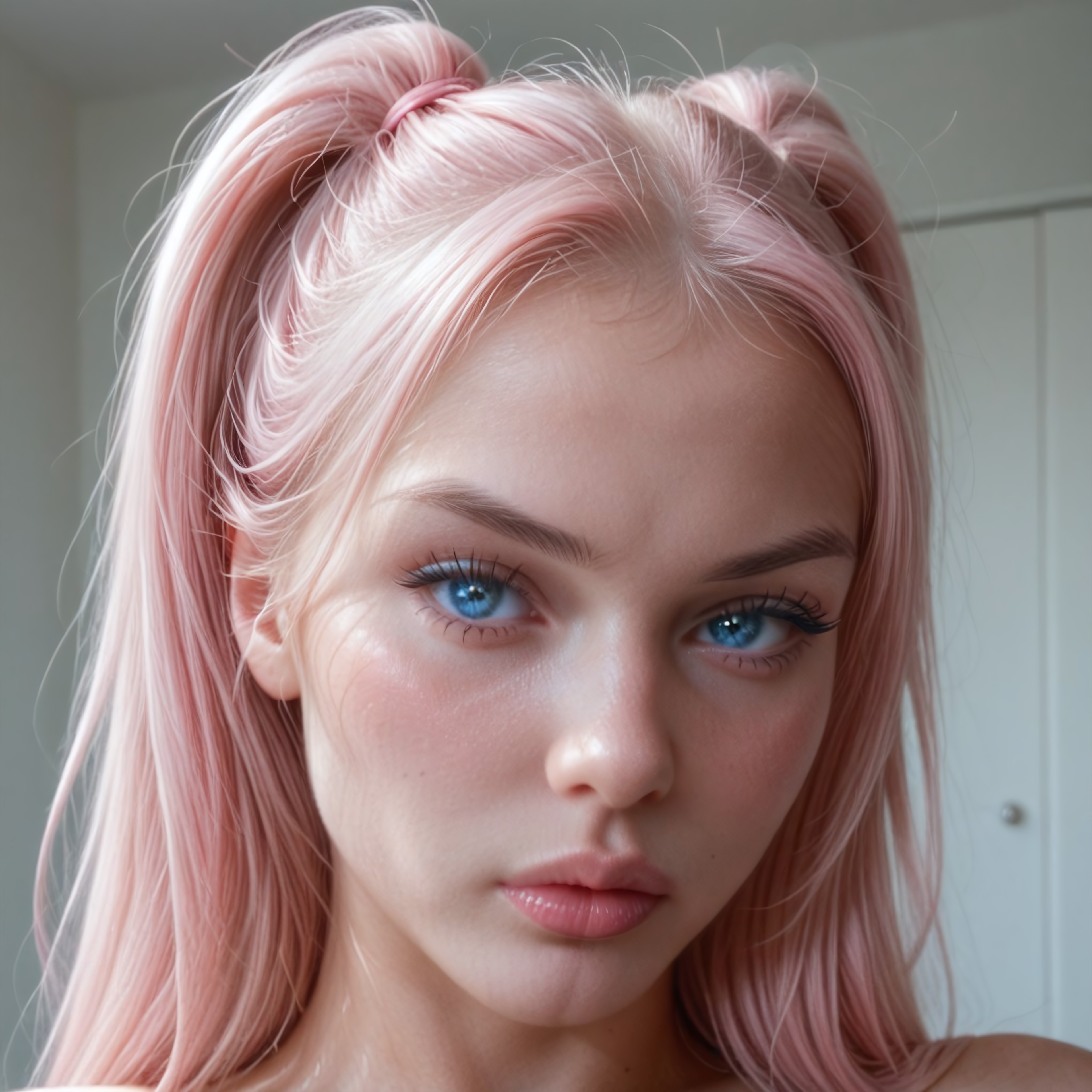 score_9, score_8_up, Lexy, 18 years old, a beautiful and perfect girl, petite body, white skin, long bright pink twin ponytails, round blue eyes, sensual eyes, glossy lips, flushed cheeks, ((fine features)), looking at the viewer, zoom portrait, ((annoyed))
