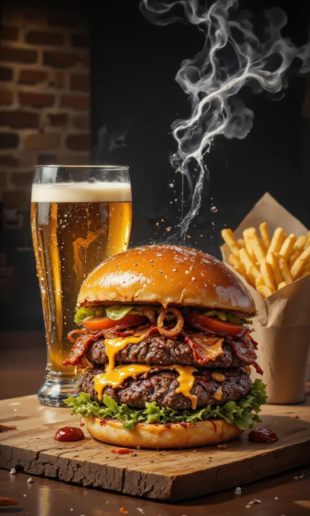 Exquisite gourmet burger, juicy beef patty, melted artisanal cheese, crispy bacon, fresh lettuce, ripe tomato slices, caramelized onions, handcrafted brioche bun, sesame seeds, glistening with moisture. Rustic wooden board, scattered sea salt flakes, cracked black pepper. Golden fries in paper cone, homemade ketchup. Frosty craft beer in chilled glass, condensation droplets. Warm ambient lighting, soft shadows. Intricate details, rich textures, vibrant colors. 8K resolution, masterpiece, photorealistic. Steam rising, cheese pull effect. Gastropub atmosphere, exposed brick background, dim mood lighting. <lora:FLUX-daubrez-DB4RZ:0.4> <lora:aidmaFLUXPro1.1-FLUX-v0.3:0.7> <lora:aidmaMJ6.1-FLUX-v0.4:0.7> <lora:CPA:0.8> <lora:Liquid_Clothes_v2:0.8>