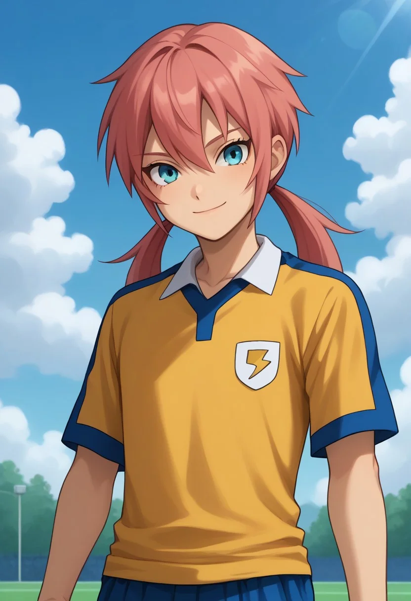 score_9, score_8_up, score_7_up, source_anime, highly detailed,
kirino, 1boy, male focus, solo, pink hair, twintails, long hair, blue eyes, sportwear, raimon, raimon soccer uniform, shirt, yellow shirt, short sleeves, shorts, blue shorts, upper body, smile
outdoor, sky, cloud