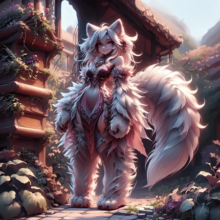 safe_pos, (score_9, score_8_up, score_7_up), (masterpiece),ais-ghostly,MGE,(monster girl:1.2),(ratatoskr),exotic clothes,jewelry,fur collar,short black hair,(huge tail:1.3),((fluffy fur:1.4)),((long fluffy ears:1.4)),dark skin,wide hips,white hair,(slender body),white eyebrows,expressive eyes,having fun,(mischievous smile),(tall body),side smile,tilted head,big hands,big paw feet,narrow waist,slim body,(long legs),(big legs),muscular legs,(view from front),walking towards viewer,(luxury),elegant room scenery,MegaFluffyPony, fluffy