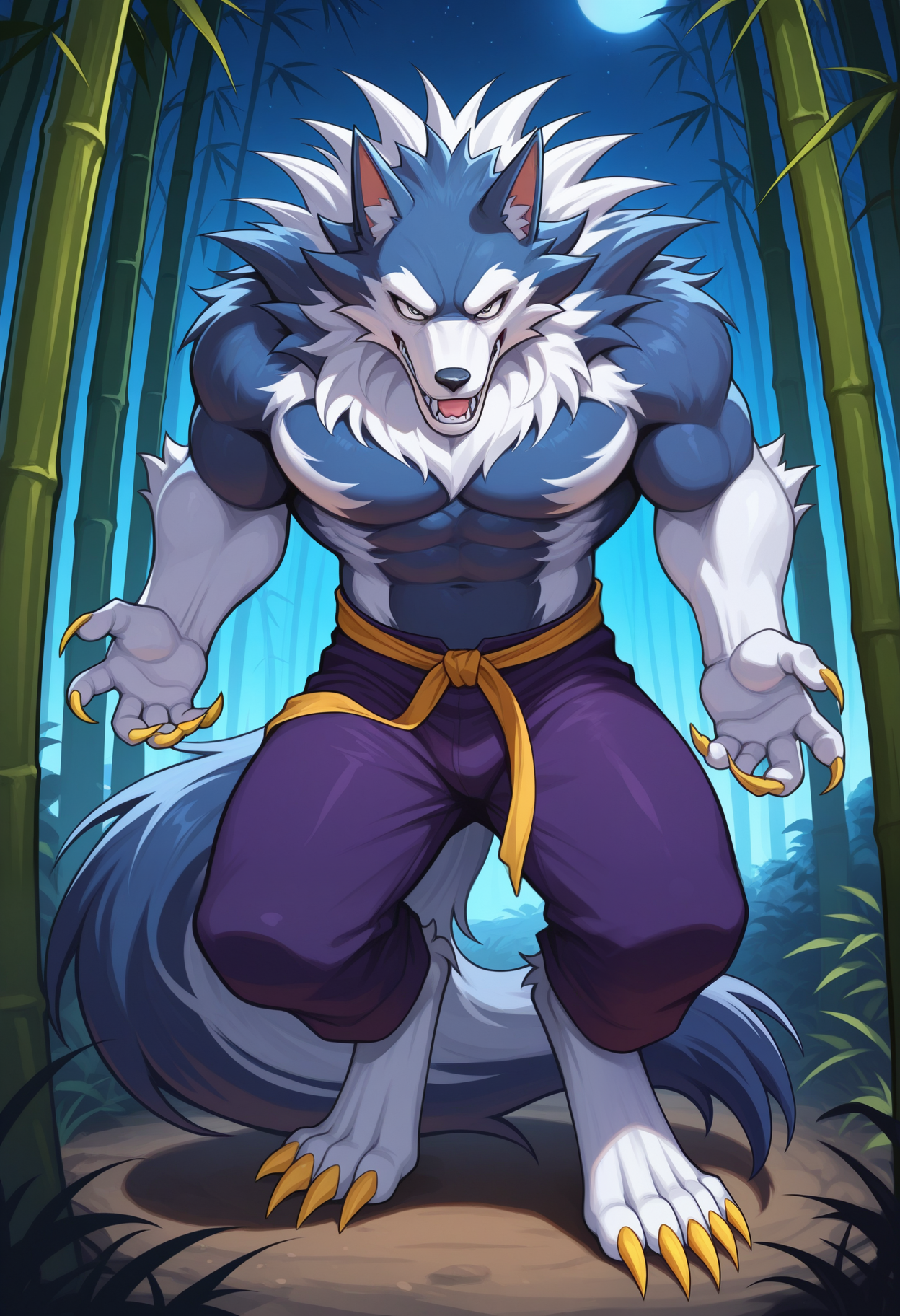 masterpiece,best quality,amazing quality, 1boy, solo, j0n, werewolf, blue fur, yellow eyes, two-tone fur, white fur, tail, purple pants, yellow belt, full body, outside, bamboo forest, night,