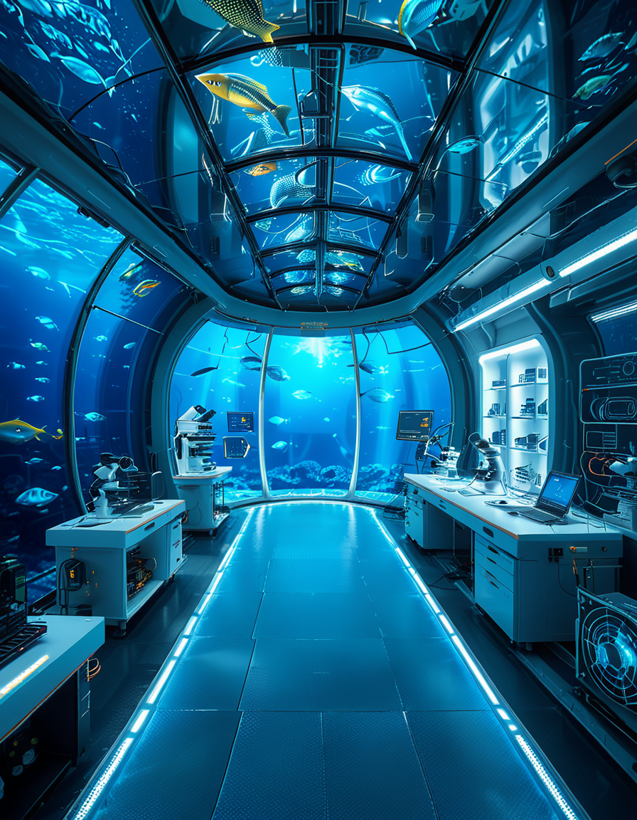 A futuristic underwater research laboratory,underwater research l4b0r4t0ry, located deep beneath the ocean's surface, surrounded by vibrant marine life and illuminated by soft, bioluminescent lighting. The laboratory features large, reinforced glass domes offering a panoramic view of the surrounding blue abyss, with schools of colorful fish and rays of sunlight filtering through the water above. Inside, advanced scientific equipment, glowing computer screens, and researchers in modern wetsuits or lab coats are visible, conducting experiments. The structure is sleek and metallic, with curved, aerodynamic designs to withstand water pressure. Coral reefs and marine plants grow nearby, adding natural beauty. The lighting is a mix of cool, bluish tones, with faint yellow lights from the laboratory windows creating a contrast. The atmosphere is calm yet futuristic, with a focus on scientific exploration and harmony with the marine environment.
<lora:SDXLFaeTastic2400:0.4> <lora:extremely_detailed:0.4> extremely detailed, <lora:underwater_research_l4b0r4t0ry:1>
