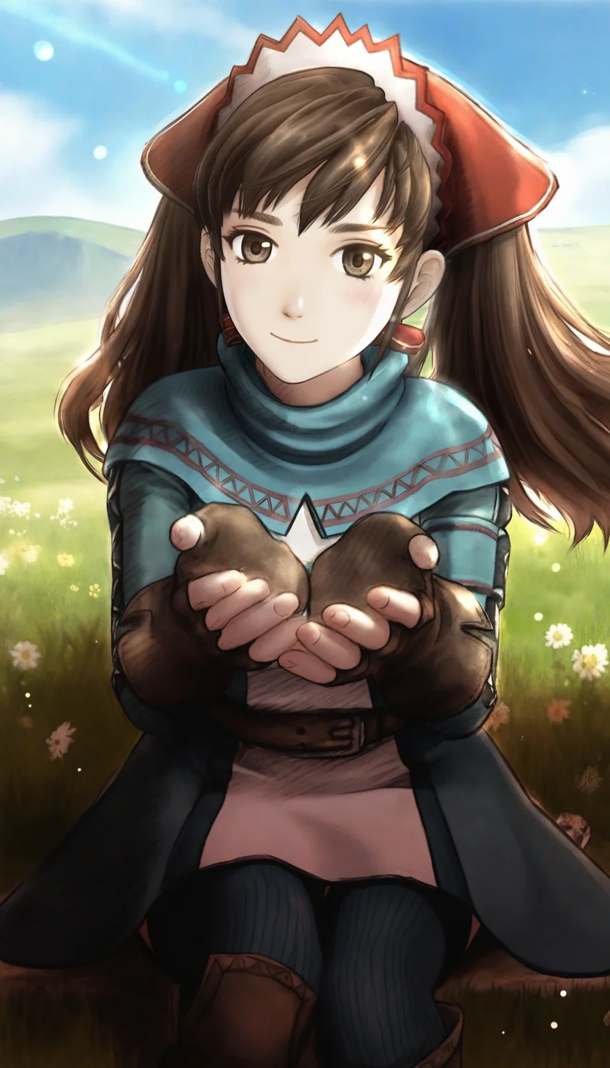 masterpiece,best quality,amazing quality,
<lora:aliciamelchiottNAI:1>,aliciamelchiott,
1girl,solo,brown hair,twintails,bangs,brown eyes,headdress,cyan shawl,cyan and white dress,brown belt,
brown fingerless gloves,
cyan thighhighs,
brown boots,
flowing hair,looking at viewer,smile,blush,sitting,on grass,cupping hands,leaning forward,outdoor,grassland,flower,light particles,depth of field,
