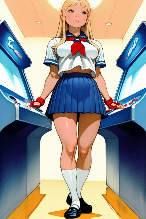 1girl,masterpiece,  arcade,
standing, full body, playing street fighter, 
 <lora:Hidaka_ill:1> , hidaka_ill, 1girl, blonde hair, long hair, solo, school uniform, breasts, blue skirt,
 <lora:NhoEskape_ill:1.5> , nho_eskape_ill, realistic, traditional media,