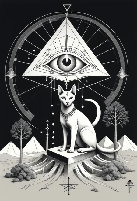 a drawing of Lunar Anubis, cat performing alchemy of etheral symbol quintessence, (one paw raised showing the eye of chemigram:1.1 eye of hamesh (with rays coming out of it), OverallDetail forging cluster astral keys.<lora:UFO_Alchemy_sdxl:1.0>,( <lora:symmetrical:1.5> (negative space tetrahedal trees ((revelation of method,PStyl3 )), <lora:Maximalist_Drawing_BW:0.2>)), (map QuinnMora, HaroldFiskMeander background:1.4), framesmade of checkerboard layer, , no human, ((sigil of pyramid, sigil of great power, frames cube FancyTurning:1.5), (three planes) X Y Z in occult space